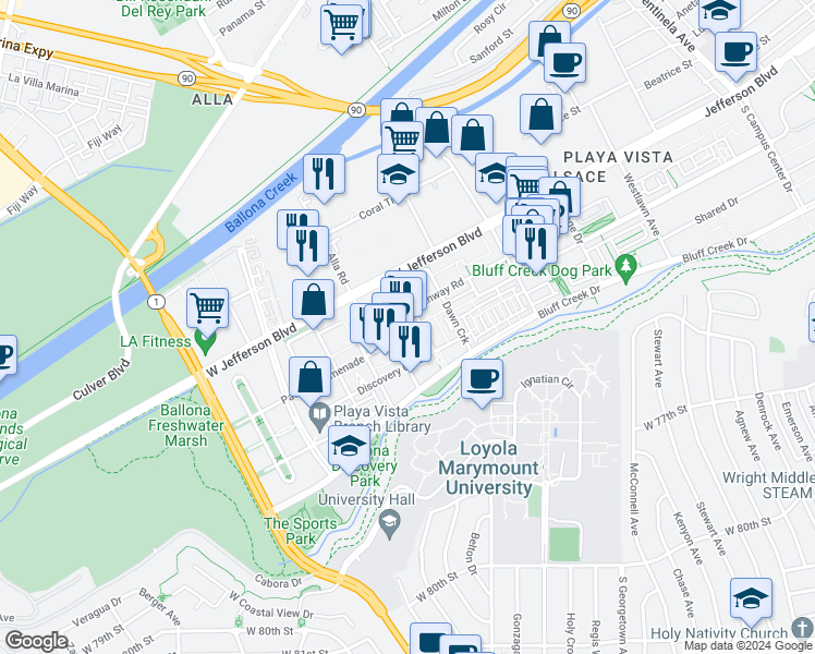 map of restaurants, bars, coffee shops, grocery stores, and more near 6020 Seabluff Dr in Los Angeles