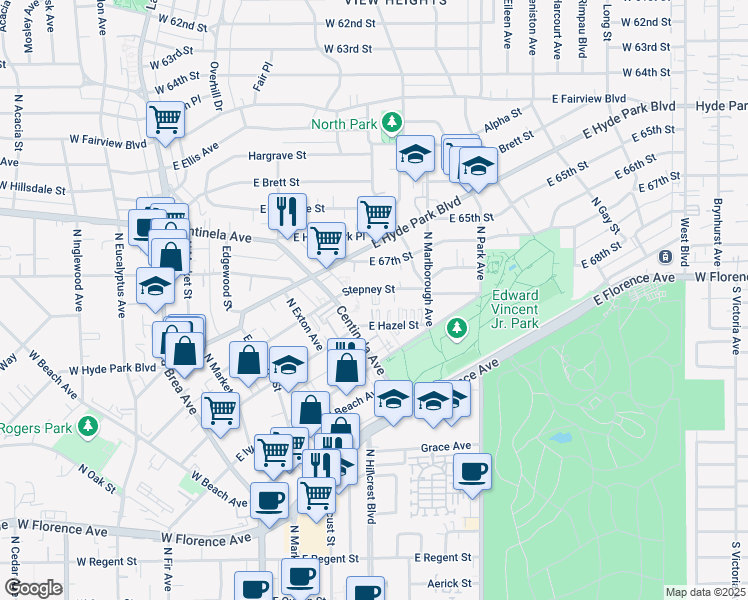 map of restaurants, bars, coffee shops, grocery stores, and more near 534 Stepney Street in Inglewood