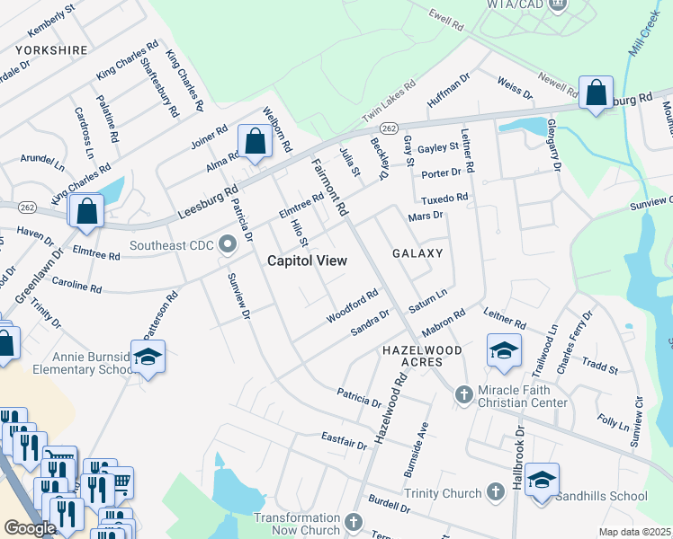 map of restaurants, bars, coffee shops, grocery stores, and more near 1715 Oakgrove Court in Columbia