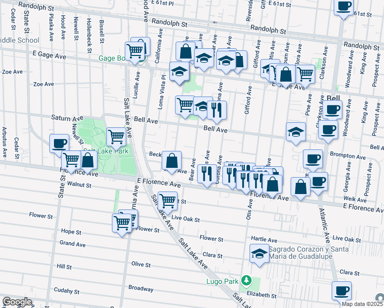 map of restaurants, bars, coffee shops, grocery stores, and more near 6915 Bear Avenue in Bell