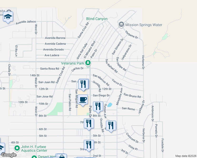 map of restaurants, bars, coffee shops, grocery stores, and more near 66540 Ocotillo Road in Desert Hot Springs