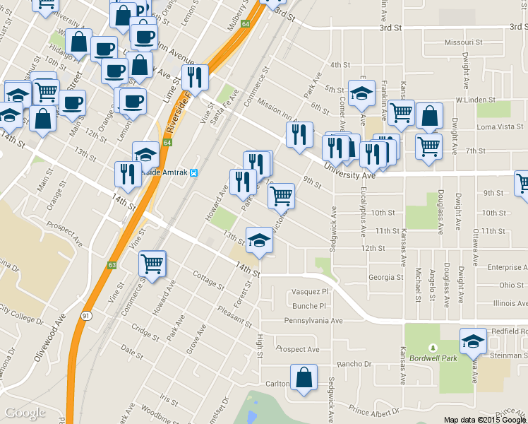 map of restaurants, bars, coffee shops, grocery stores, and more near 2790 11th Street in Riverside