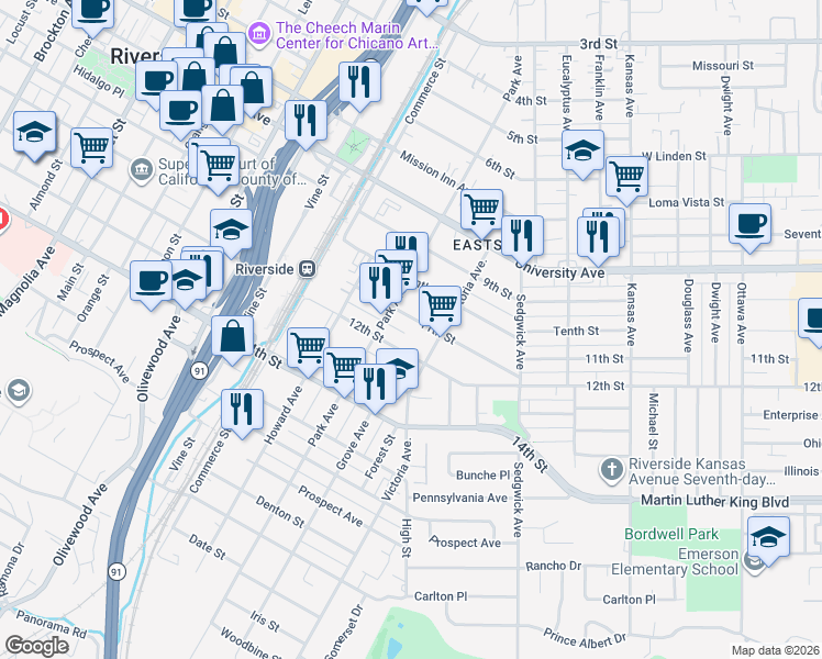 map of restaurants, bars, coffee shops, grocery stores, and more near 2790 11th Street in Riverside