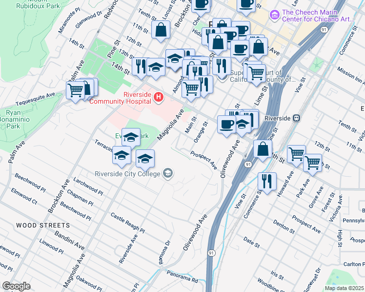 map of restaurants, bars, coffee shops, grocery stores, and more near 3633 Prospect Avenue in Riverside