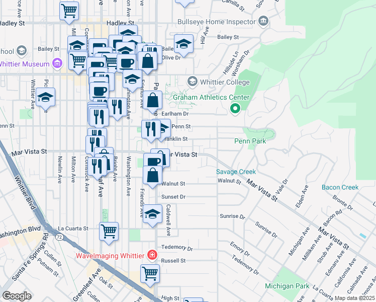 map of restaurants, bars, coffee shops, grocery stores, and more near 13605 Mar Vista Street in Whittier