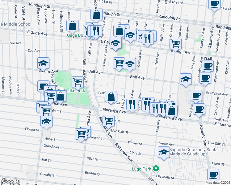 map of restaurants, bars, coffee shops, grocery stores, and more near 6940 Orchard Avenue in Bell