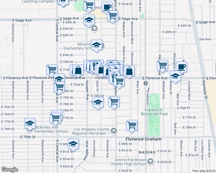 map of restaurants, bars, coffee shops, grocery stores, and more near 1409 East 74th Street in Los Angeles