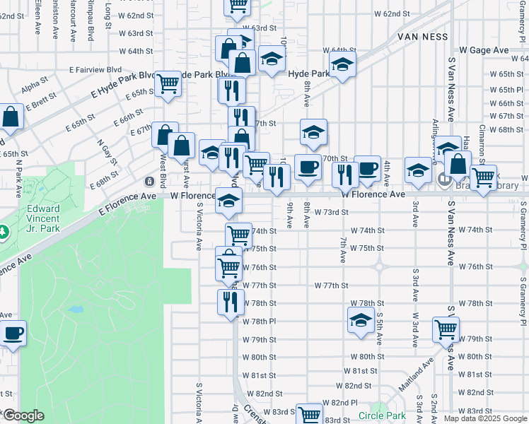 map of restaurants, bars, coffee shops, grocery stores, and more near 3210 West 73rd Street in Los Angeles