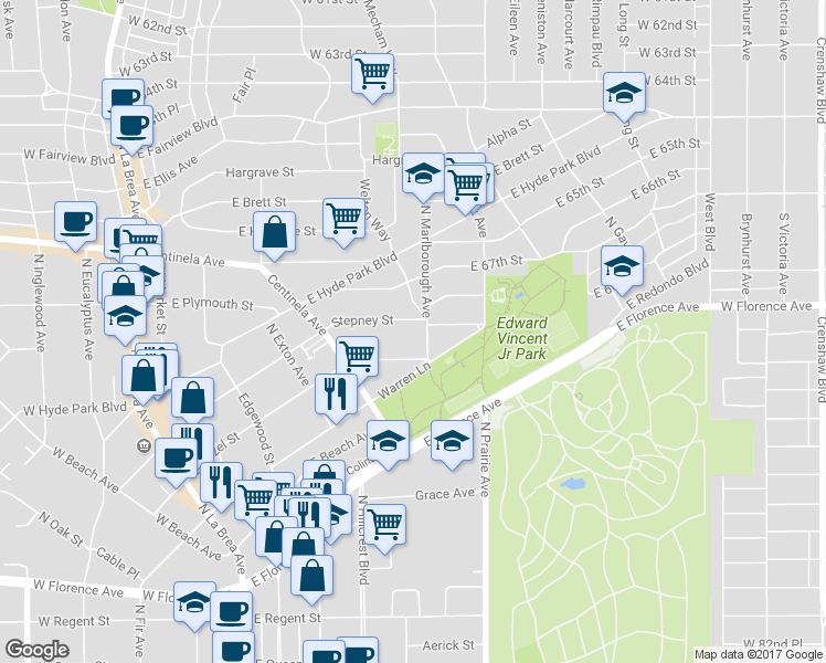 map of restaurants, bars, coffee shops, grocery stores, and more near 555 East Hazel Street in Inglewood