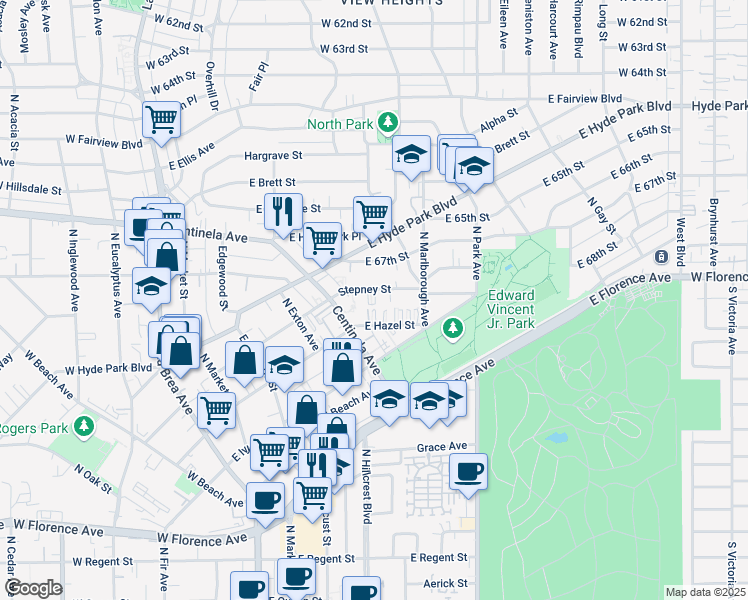 map of restaurants, bars, coffee shops, grocery stores, and more near 534 Stepney Street in Inglewood