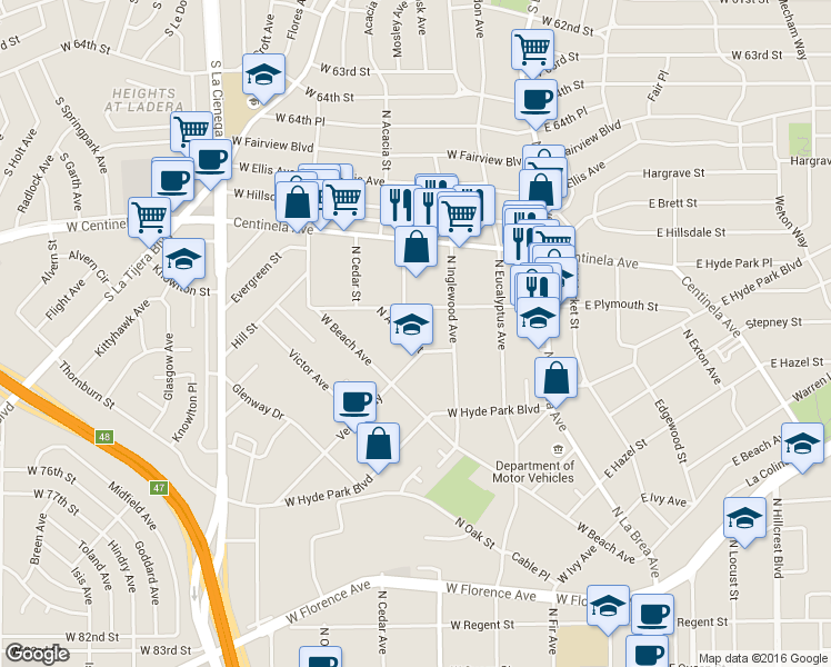 map of restaurants, bars, coffee shops, grocery stores, and more near 317 Venice Way in Inglewood