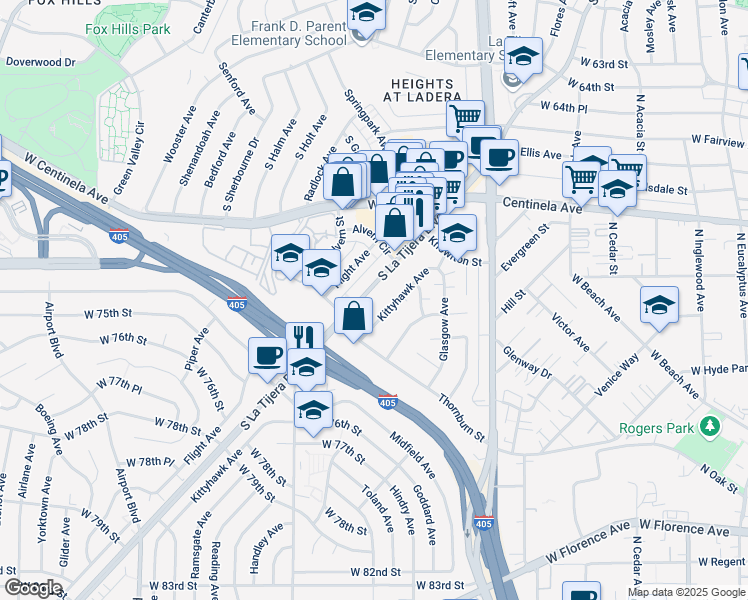 map of restaurants, bars, coffee shops, grocery stores, and more near 7110 La Tijera Boulevard in Los Angeles