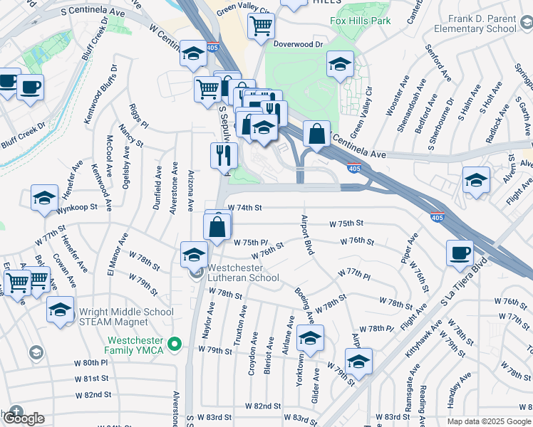 map of restaurants, bars, coffee shops, grocery stores, and more near 6077 West 75th Street in Los Angeles