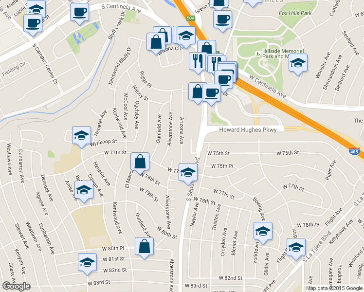 map of restaurants, bars, coffee shops, grocery stores, and more near 7433 Arizona Avenue in Los Angeles