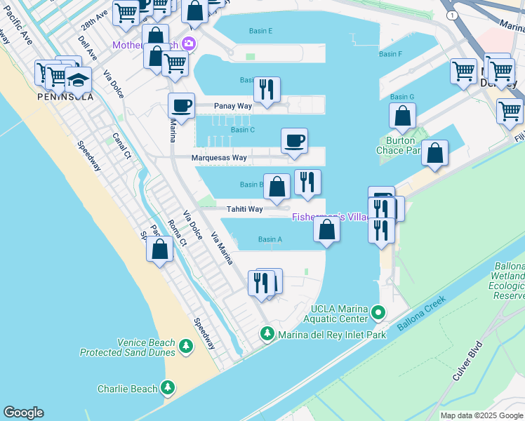 map of restaurants, bars, coffee shops, grocery stores, and more near 14000 Tahiti Way in Marina del Rey