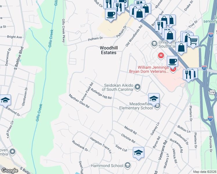 map of restaurants, bars, coffee shops, grocery stores, and more near 6124 Moss Springs Road in Columbia