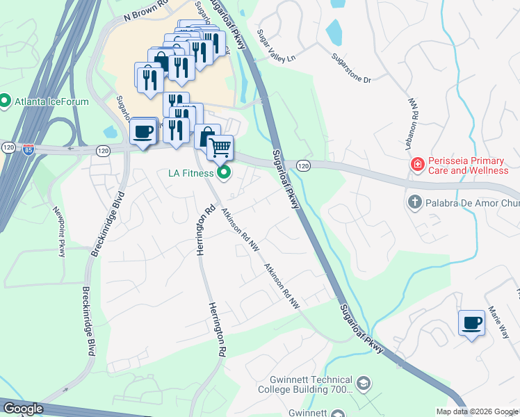 map of restaurants, bars, coffee shops, grocery stores, and more near 1912 Farmwood Drive Northwest in Lawrenceville