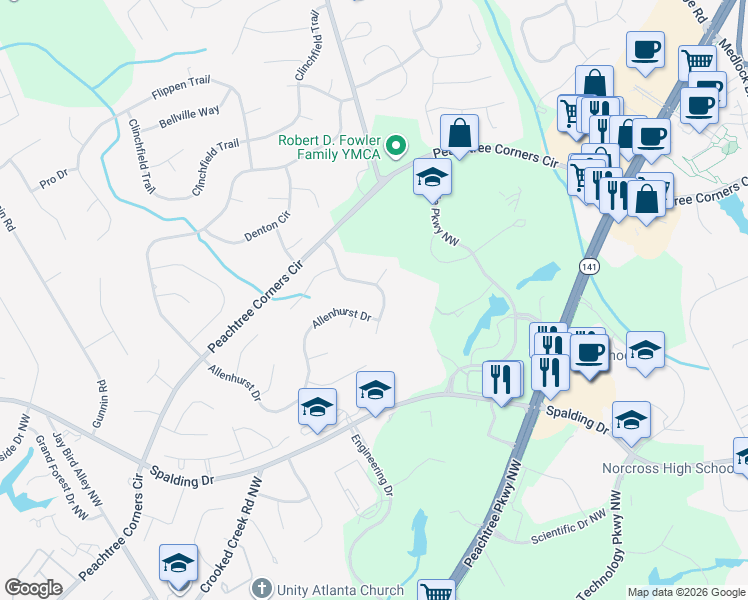 map of restaurants, bars, coffee shops, grocery stores, and more near 3794 High Shoals Drive in Norcross