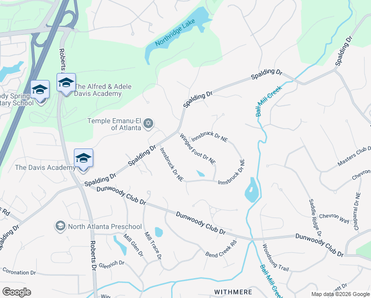 map of restaurants, bars, coffee shops, grocery stores, and more near 8155 Winged Foot Drive Northeast in Atlanta