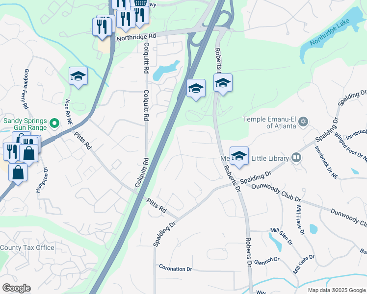map of restaurants, bars, coffee shops, grocery stores, and more near 375 Spindle Court in Atlanta