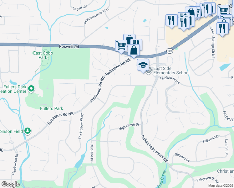 map of restaurants, bars, coffee shops, grocery stores, and more near 3725 Greenview Drive in Marietta