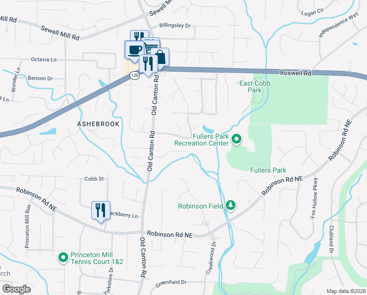 map of restaurants, bars, coffee shops, grocery stores, and more near 3210 Royal Oak Drive in Marietta