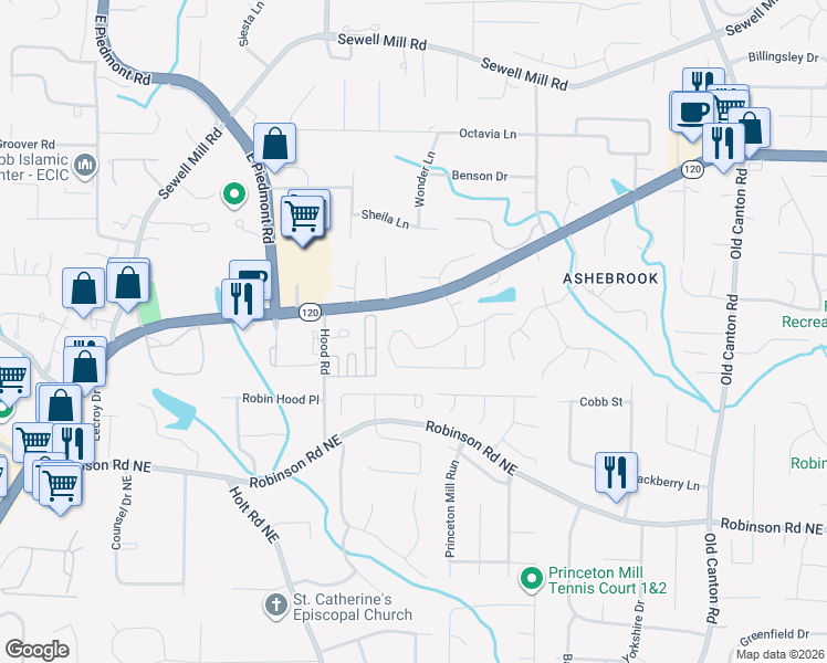 map of restaurants, bars, coffee shops, grocery stores, and more near 977 Bridgegate Drive Northeast in Marietta