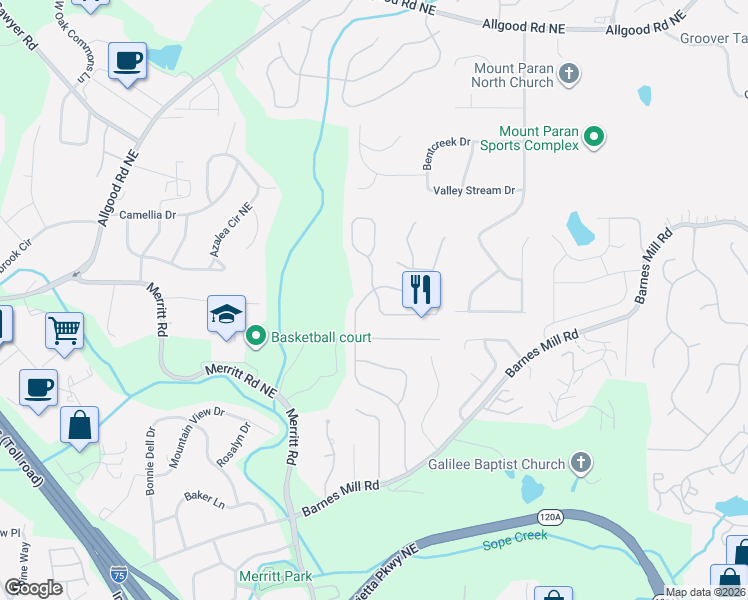 map of restaurants, bars, coffee shops, grocery stores, and more near 990 Soaring Drive Northeast in Marietta