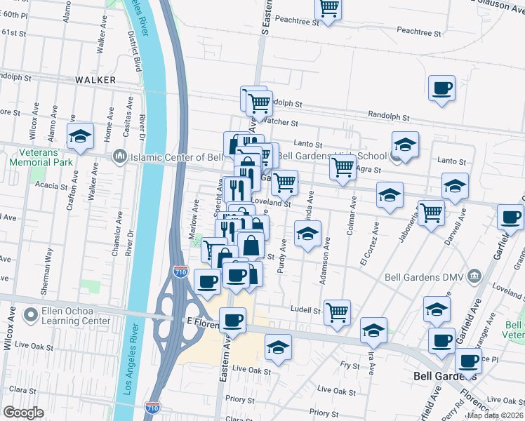 map of restaurants, bars, coffee shops, grocery stores, and more near 6525 Ajax Avenue in Bell Gardens