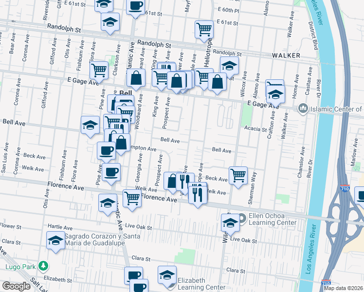 map of restaurants, bars, coffee shops, grocery stores, and more near 4724 Bell Avenue in Bell