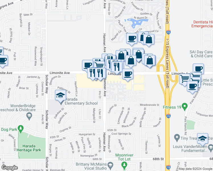 map of restaurants, bars, coffee shops, grocery stores, and more near 12587 Ruvina Lane in Eastvale