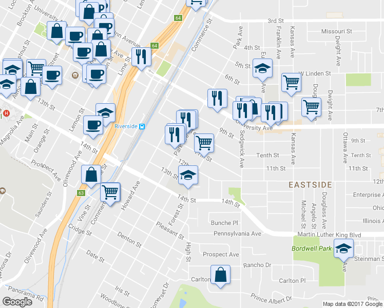 map of restaurants, bars, coffee shops, grocery stores, and more near 2790 11th Street in Riverside