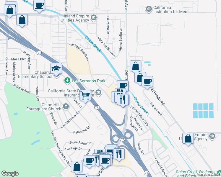 map of restaurants, bars, coffee shops, grocery stores, and more near 15320 Fairfield Ranch Rd in Chino Hills