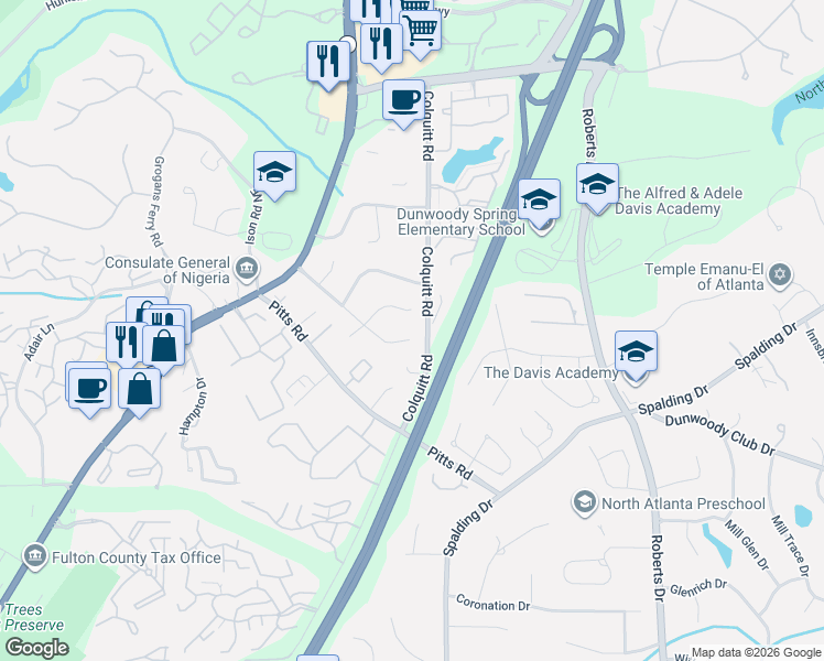 map of restaurants, bars, coffee shops, grocery stores, and more near 580 Tahoma Drive Northeast in Atlanta