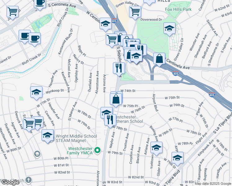 map of restaurants, bars, coffee shops, grocery stores, and more near 7423 South Sepulveda Boulevard in Los Angeles