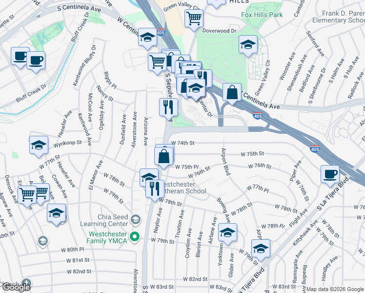 map of restaurants, bars, coffee shops, grocery stores, and more near 6140 West 74th Street in Los Angeles