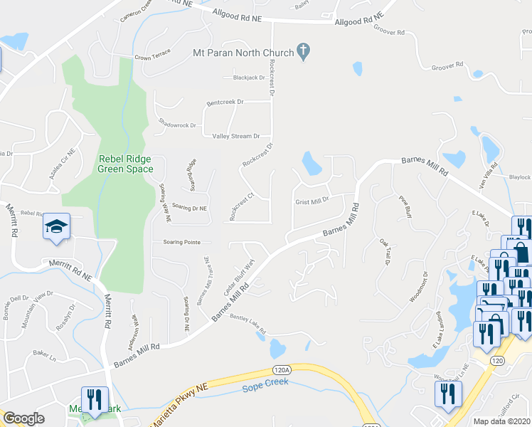 map of restaurants, bars, coffee shops, grocery stores, and more near 917 Mountain Top Drive Northeast in Marietta