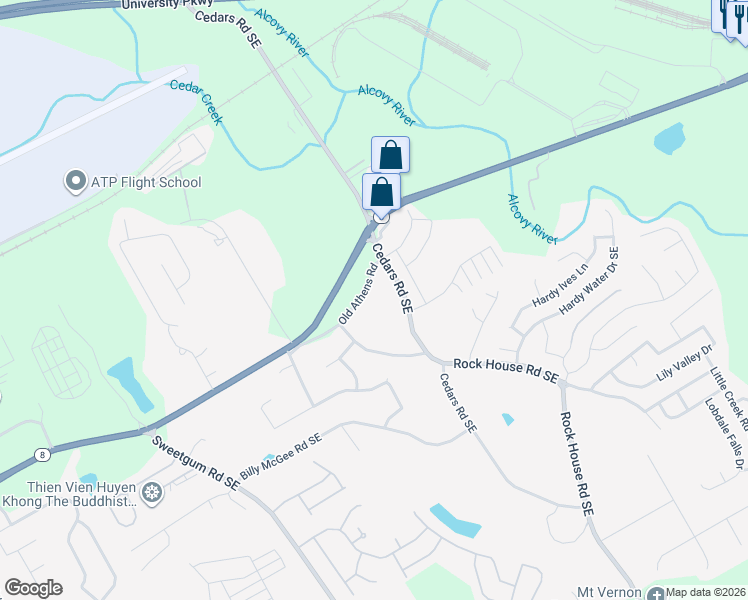 map of restaurants, bars, coffee shops, grocery stores, and more near 1520 Cedars Road in Lawrenceville