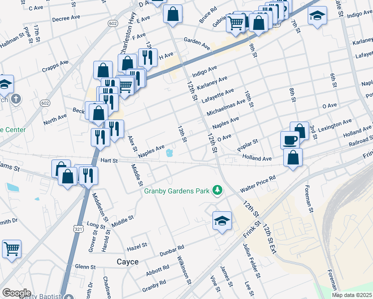map of restaurants, bars, coffee shops, grocery stores, and more near 1302 O Avenue in Cayce