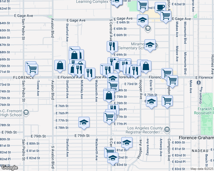 map of restaurants, bars, coffee shops, grocery stores, and more near 1018 East 73rd Street in Los Angeles
