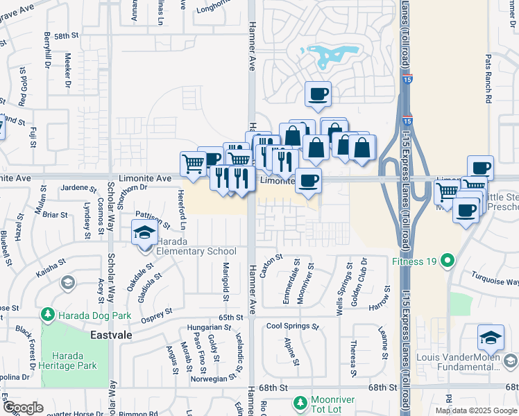 map of restaurants, bars, coffee shops, grocery stores, and more near 12587 Ruvina Lane in Eastvale