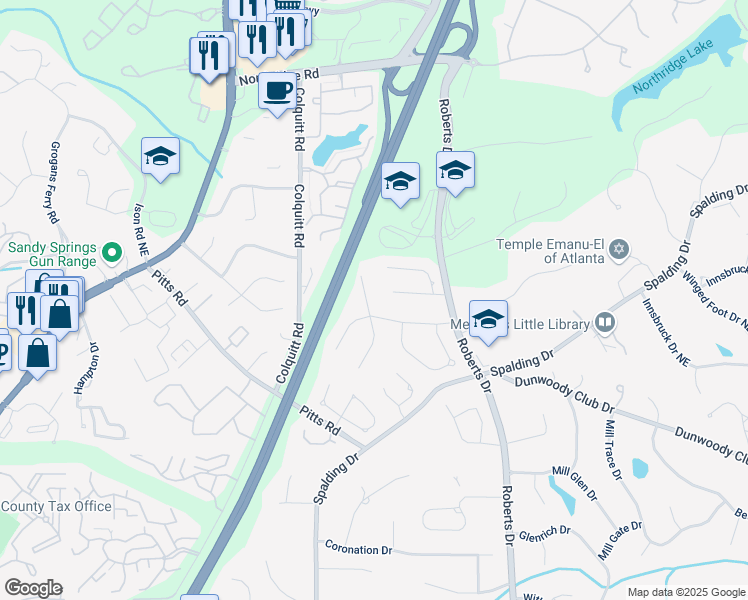 map of restaurants, bars, coffee shops, grocery stores, and more near 375 Spindle Court in Atlanta