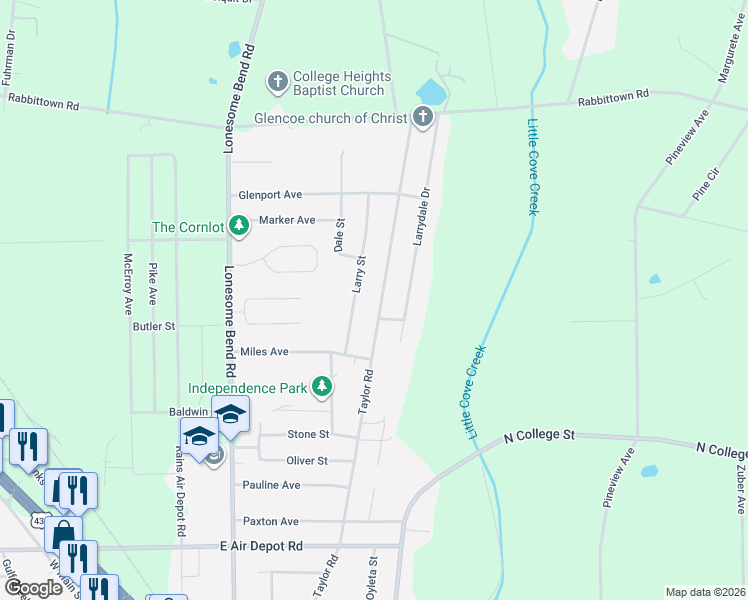 map of restaurants, bars, coffee shops, grocery stores, and more near 1114 Larry Street in Gadsden