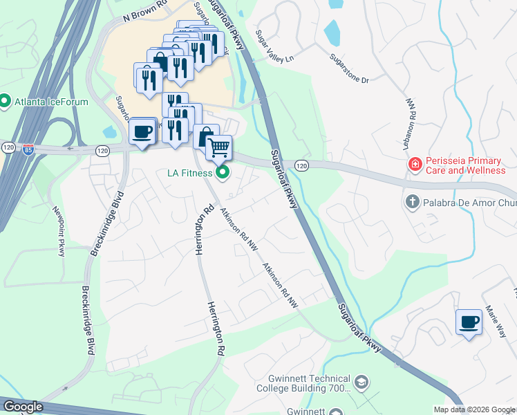 map of restaurants, bars, coffee shops, grocery stores, and more near 1912 Farmwood Drive Northwest in Lawrenceville