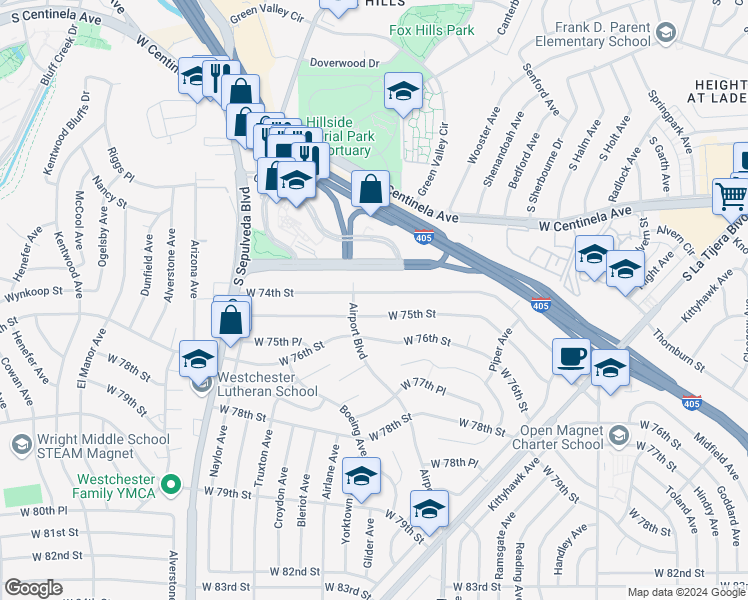 map of restaurants, bars, coffee shops, grocery stores, and more near 5962 West 74th Street in Los Angeles