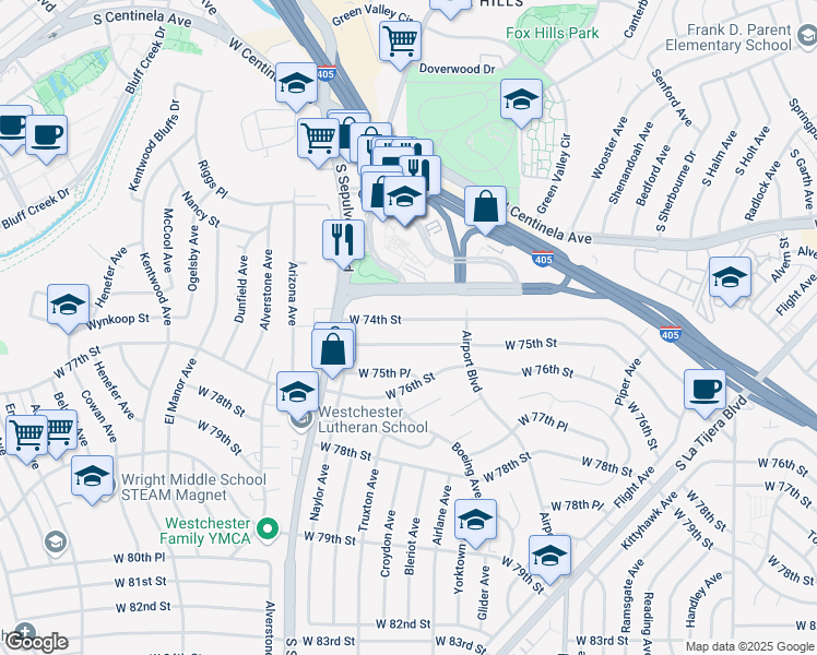map of restaurants, bars, coffee shops, grocery stores, and more near 6077 West 75th Street in Los Angeles