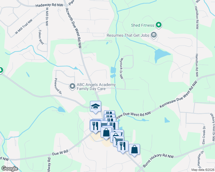 map of restaurants, bars, coffee shops, grocery stores, and more near 3928 Butterfield Drive Northwest in Kennesaw