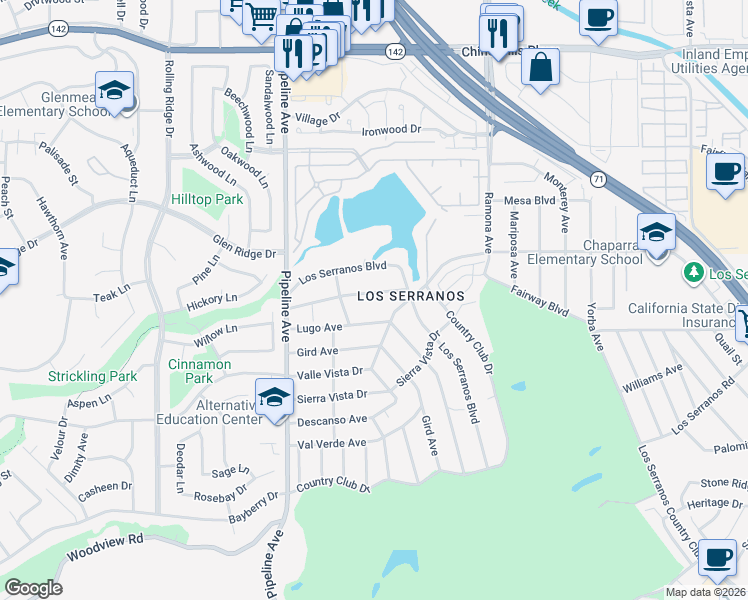 map of restaurants, bars, coffee shops, grocery stores, and more near 4271 El Molino Boulevard in Chino Hills