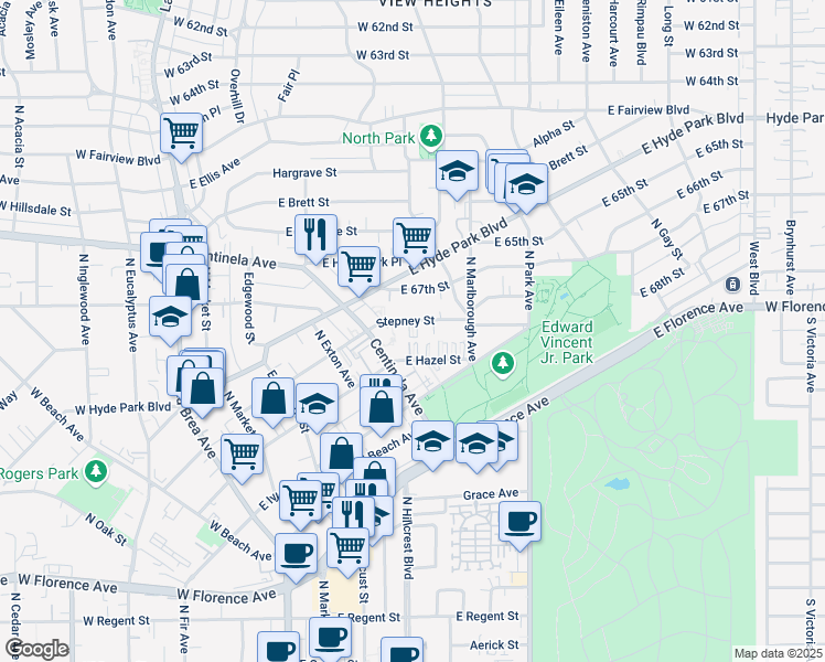 map of restaurants, bars, coffee shops, grocery stores, and more near 534 Stepney Street in Inglewood