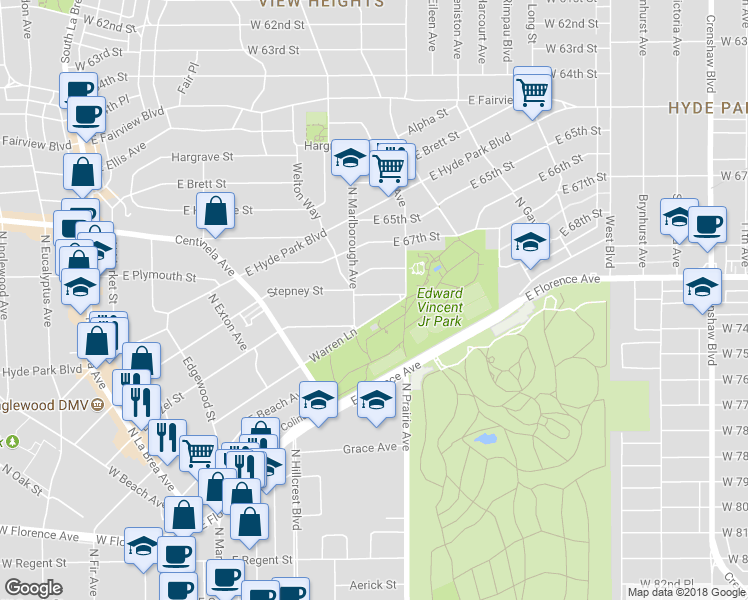 map of restaurants, bars, coffee shops, grocery stores, and more near 716 Stepney Street in Inglewood